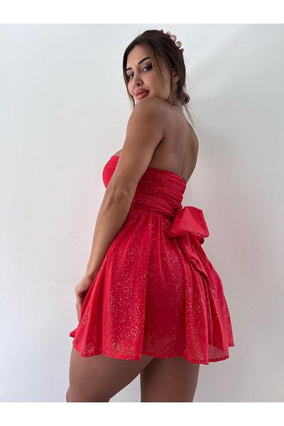 pink life Red Mini Dress - Elegant Sparkle, Strapless and Bow Detail