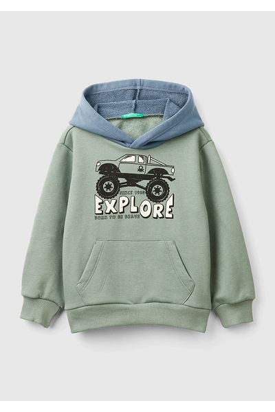 United Colors of Benetton Boy's Khaki Front Printed Hooded Contrast Color Kangaroo Pocket Sweatshirt