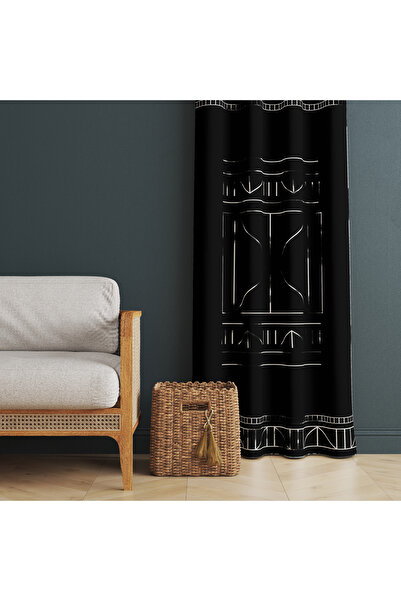 Evmila Siyah Etnik Desenli Mutfak ,Salon,Yatak Ve Çocuk Odası Tek Kanat Kadif...