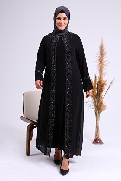 Ferace Kadin Buyuk Beden Taşlı Ve Inci Desenli Kolları Piliseli Anne Tesettur Abiye Takım