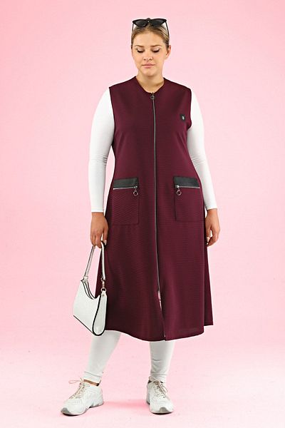 Ferace Women's Large Size Long Vest with Leather Pockets Ottoman Plum