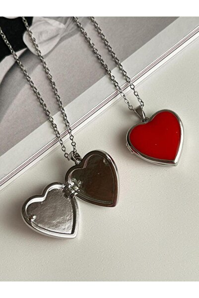 Herşey Nota Steel Silver Color Red Heart Necklace with Opened Lettering (44 Cm)