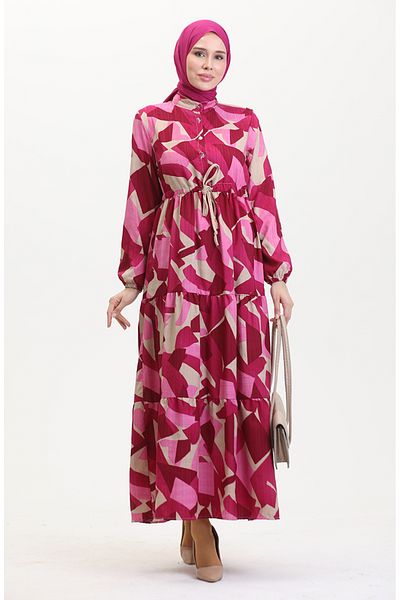 sefamerve Fuchsia Patterned Lace up Dress - Front Buttoned 0518-04