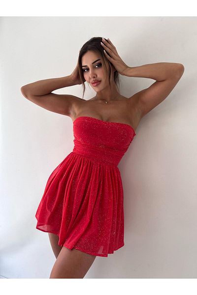 pink life Red Mini Dress - Elegant Sparkle, Strapless and Bow Detail