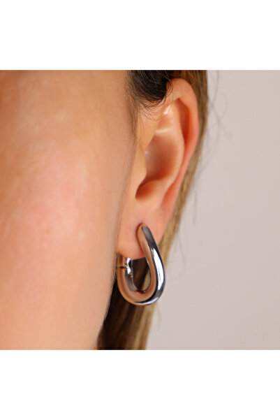 FOURSOLOS Çelik Kadın Küpe, Kıvrımlı Oval, Gümüş Renk, No:207