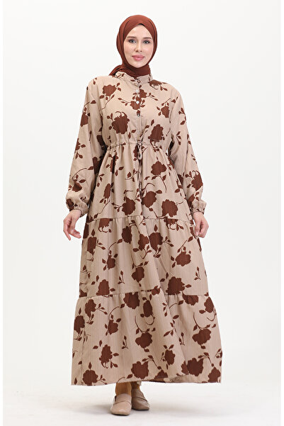 sefamerve Μπροστινό φόρεμα με δαντέλα με κουμπιά 0516-03 Mink Brown