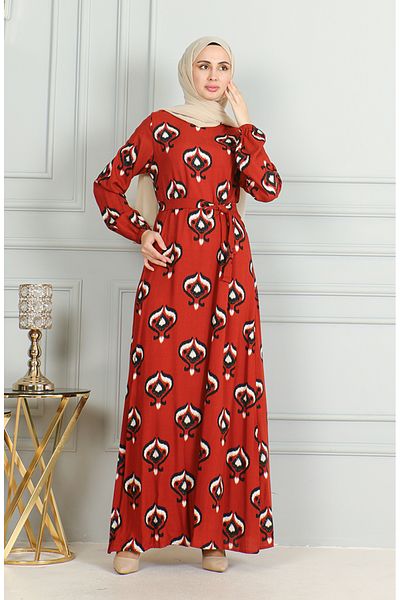 sefamerve Kachelschwarzes Viskose-Kleid mit Muster und Schärpe 0491-04