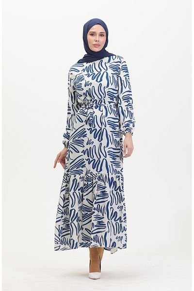 sefamerve Φόρεμα με ζωσμένο σχέδιο βισκόζης - Indigo White 0519-02