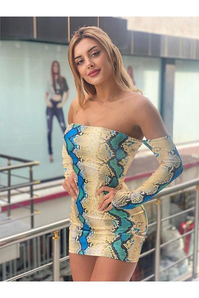 pink and pink Rochie mini cu decolteu decoltat cu imprimeu șarpe