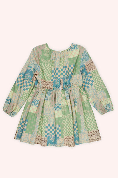Panço Kız Çocuk Desenli Bej Elbise