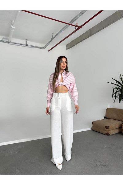 mydukkan.co White Linen Trousers - Mita with Belt