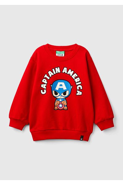 United Colors of Benetton Boy's Red Skirt Tip Logo Captain America Printed Regular Fit Sweatshirt