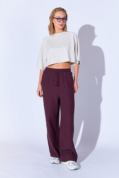 Manche Palozzo Cut Comfortable Elastic Waist Muslin Washed Women's Trousers Purple - 100% Cotton Mkw 669984 -01