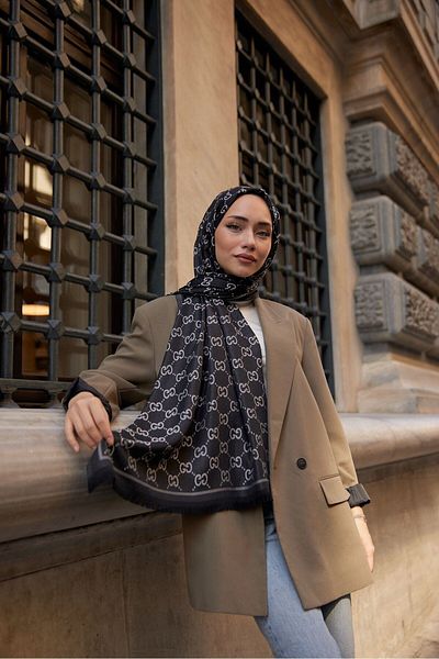 Oxygen Scarfs Şal cu două feţe din caşmir din mătase cu model G - gri-negru