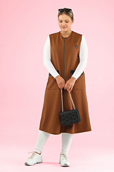 Ferace Women's Long Sleeveless Zippered Vest Ottoman Brown with Leather Pockets