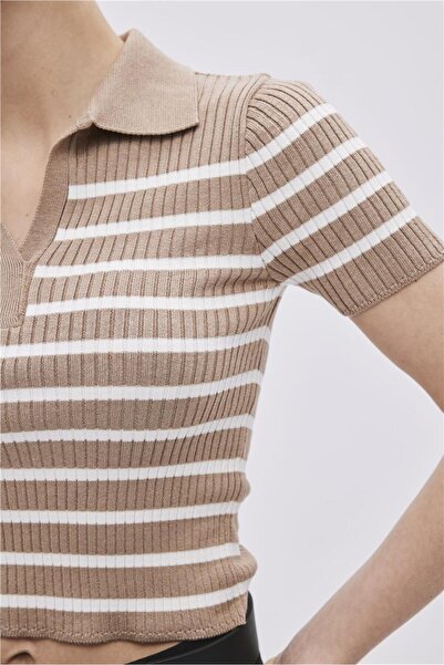 SHERIN Μπεζ Πόλο Γιακά Ριγέ Πλεκτό Πουλόβερ