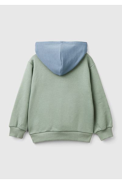 United Colors of Benetton Boy's Khaki Front Printed Hooded Contrast Color Kangaroo Pocket Sweatshirt