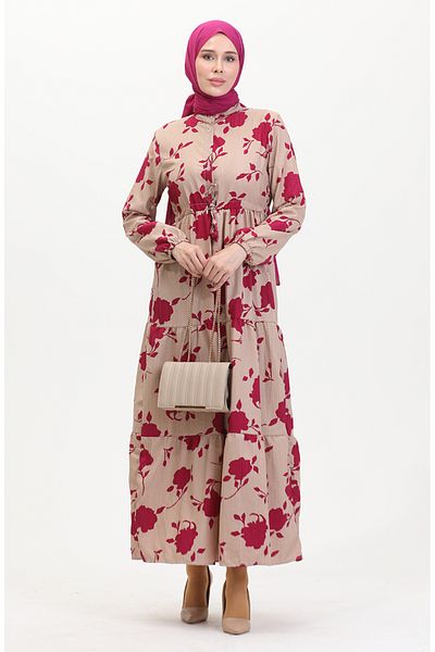 sefamerve Φόρεμα Mink Fuchsia Print - Μπροστινά κουμπιά και κορδόνια 0516-01
