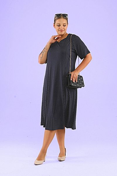 Ferace Γυναικείο Μίντι Φόρεμα Plus Size - Πουά και Λεοπάρ στάμπα Navy Blue