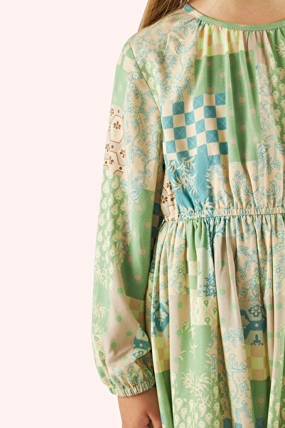 Panço Kız Çocuk Desenli Bej Elbise