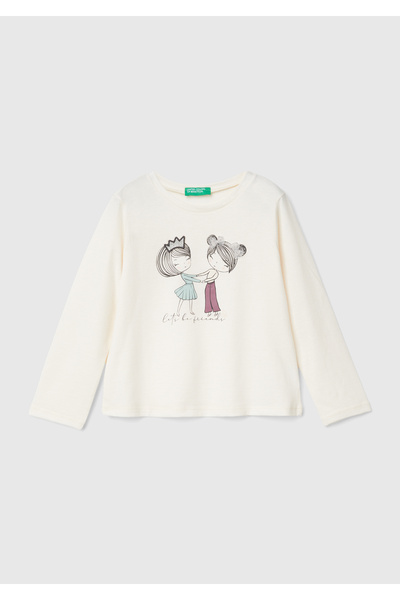 United Colors of Benetton Kız Çocuk Ekru Önü Su Bazlı Baskılı Geniş Kesim Uzu...