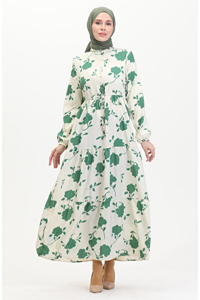 sefamerve Front Buttoned Lace up Patterned Dress 0516-02 Beige Emerald Green