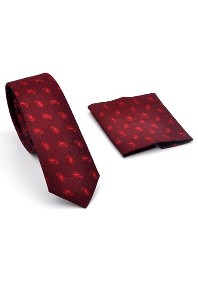 Gaffy Red Shawl Patterned Claret Red Woven Fabric Slim Fit Tie with Handkerchief // Sdk- 240810