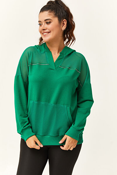 Ebsumu Γυναικείο φούτερ με πράσινη κουκούλα με διχτυωτό πλέγμα