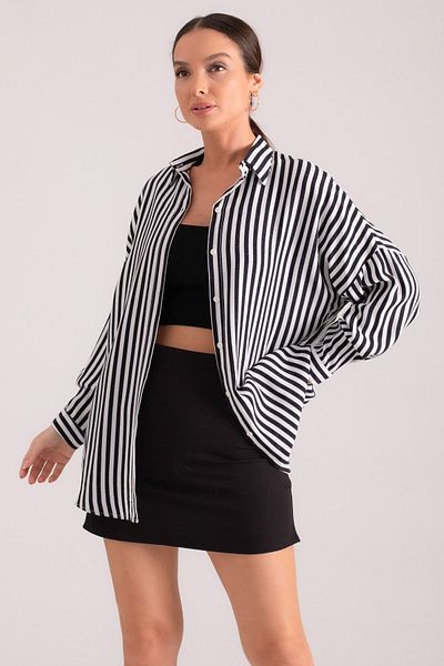 armonika Women's Black-White Thin Striped Oversize Long Basic Shirt ARM-22Y001185