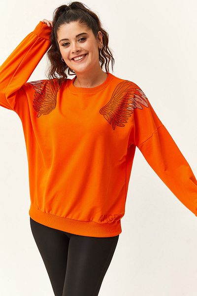 Ebsumu Plus Size Angels Stone Patterned Orange Women's Sweatshirt