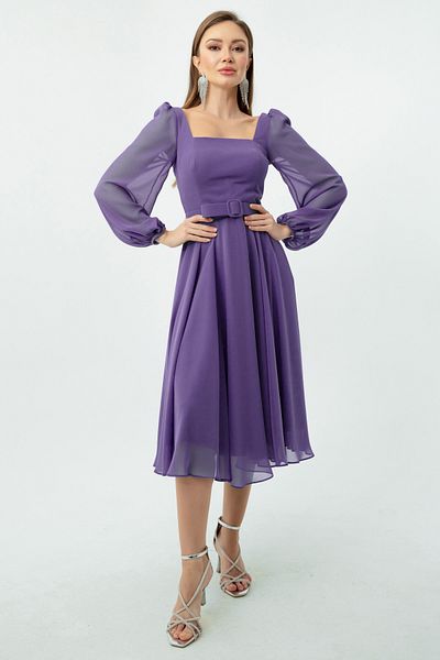 Lafaba Women's Lavender Square Collar Belted Midi Chiffon Evening Dress
