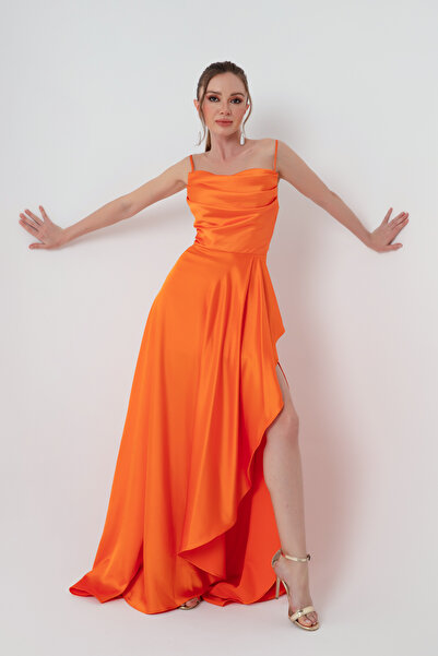 Lafaba Women's Orange Flounce Slit Satin Evening Dress & Graduation Dress