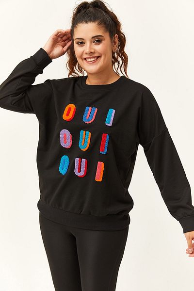 Ebsumu Hanorac negru de mărime mare pentru femei cu broderie cu litere colorate