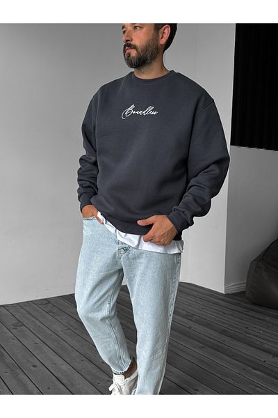 BYBASICMAN Anthracite Embroidered Boudless Sweat - Lb-1007