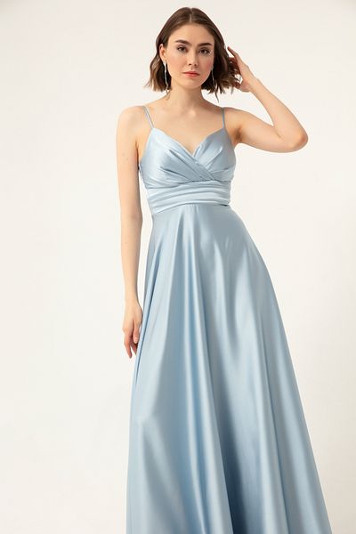 Lafaba Babyblaues, langes Abendkleid und Abschlusskleid aus Satin mit Seilriemen und Taillengürtel für Damen