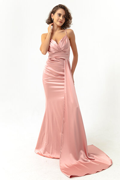 Lafaba Dámské růžové dlouhé saténové večerní šaty a maturitní šaty bez ramínek