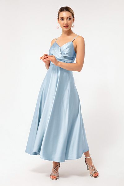 OFZE Women's Baby Blue Rope Strap Waist Belted Satin Midi Evening Dress & Graduation Dress