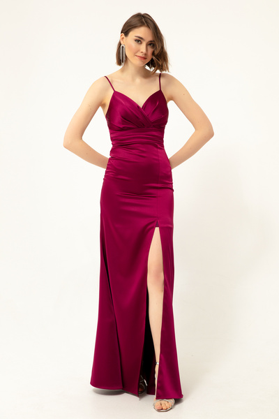 Lafaba Dámské dlouhé saténové večerní šaty se švestkovým popruhem a rozparkem