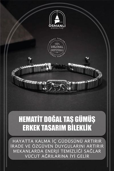 OSMANLI DOĞAL TAŞ Hematite Natural Stone Silver Men's Design Bracelet