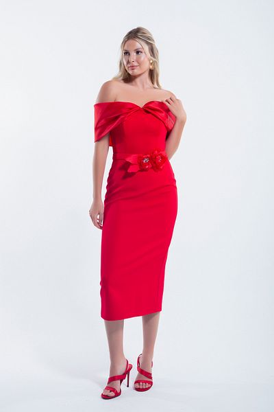 Lafaba Red Midi Bow Detailed Boat Neck Women's Evening Dress