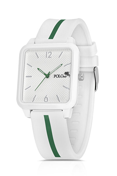 Polo Air Unisex White Green Striped Silicone Sports Wristwatch - Square Case, Pl-1509B4X