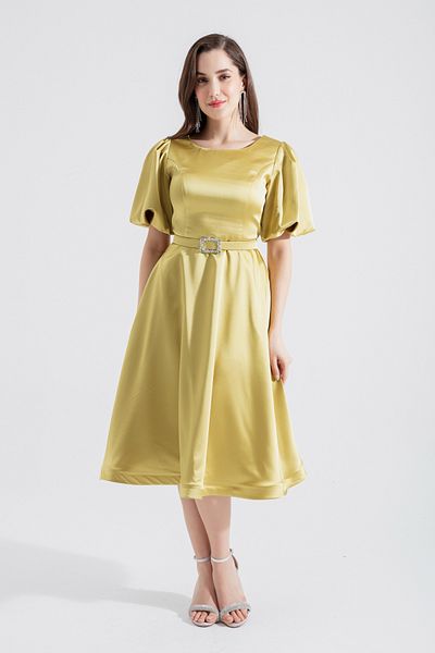 OFZE Women's Oil Green Balloon Sleeve Jewelled Belted Mini Satin Evening Dress