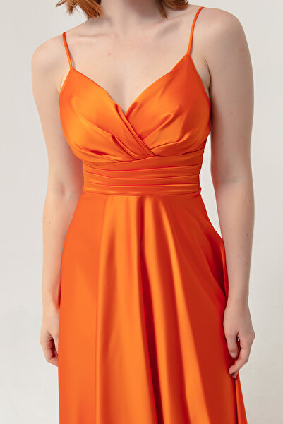 Lafaba Women's Orange Rope Strap Waist Belted Satin Midi Evening Dress & Graduation Dress