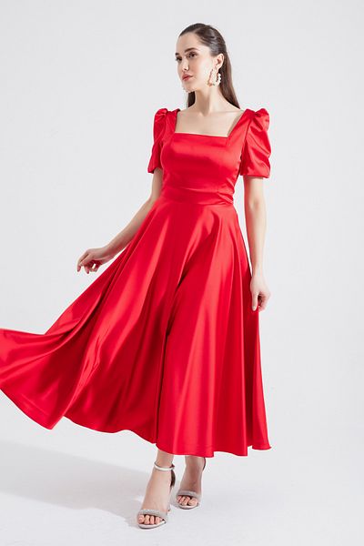 Lafaba Women's Red Square Collar Balloon Sleeve Midi Evening Dress