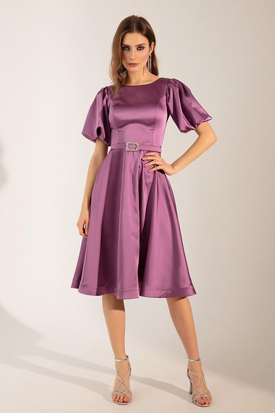 OFZE Women's Lavender Balloon Sleeve Stone Belted Mini Satin Evening Dress
