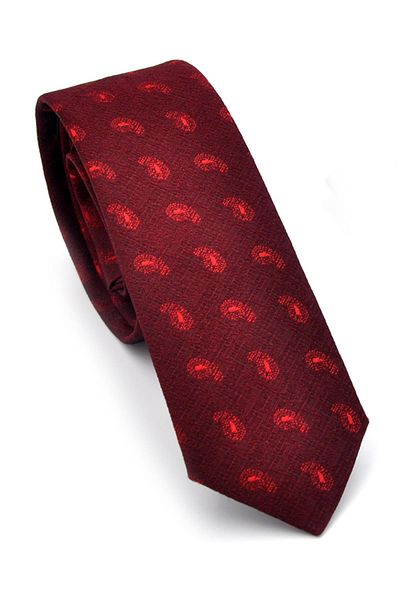 Gaffy Red Shawl Patterned Claret Red Woven Fabric Slim Fit Tie with Handkerchief // Sdk- 240810