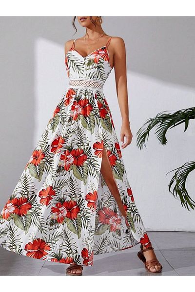 Moka Shopin Mokashopin Women's Rope Strap V-Neck Waist Guipure Flower Print Side Slit Maxi Single Jersey Dress