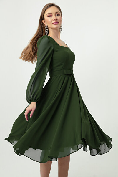 Lafaba Női khaki négyszögletes galléros öves Midi sifon estélyi ruha