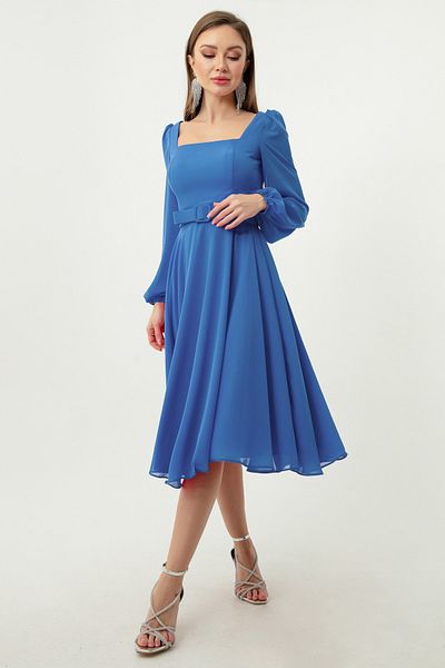 Lafaba Women's Blue Square Neck Belted Midi Chiffon Evening Dress