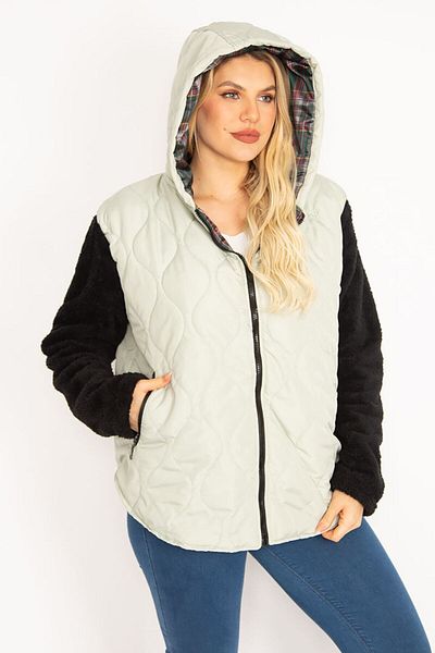 Şans Women's Large Size Stone Quilted Fabric Sleeves Plush Hooded Front Zipper Puff Coat 65n35132
